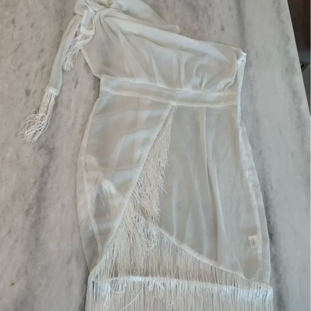 PRETTY LITTLE THING Swim Cover Up White Sheer Dress One Shouler with Fringe 6‎